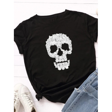 T-shirt Tête de Mort Chats pour femme - couleur noir