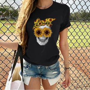 T-shirt à manches courtes pour femme imprimé Femme tête de mort tournesol - couleur noir