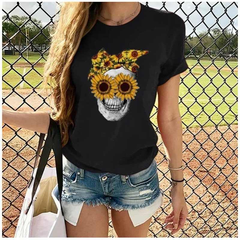 T-shirt à manches courtes pour femme imprimé Femme tête de mort tournesol - couleur noir