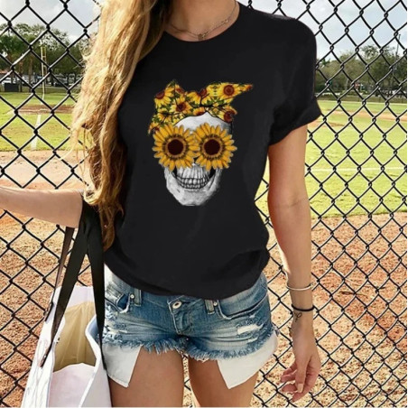 T-shirt à manches courtes pour femme imprimé Femme tête de mort tournesol - couleur noir