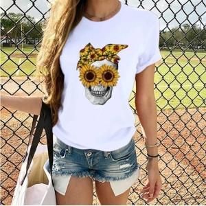 T-shirt à manches courtes pour femme imprimé Femme tête de mort tournesol - couleur blanc
