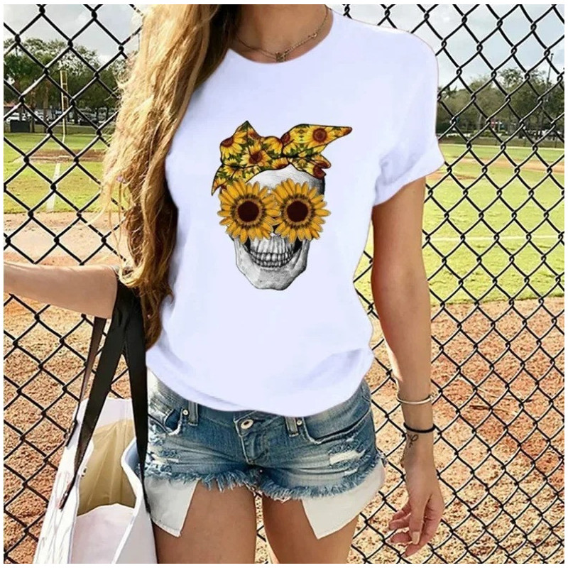 T-shirt à manches courtes pour femme imprimé Femme tête de mort tournesol - couleur blanc