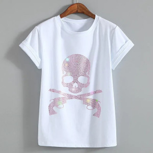 T-shirt à manches courtes imprimé Femme tête de mort en strass