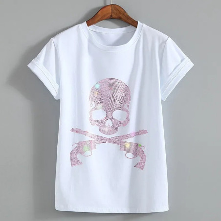 T-shirt à manches courtes imprimé Femme tête de mort en strass