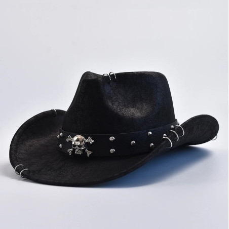 Vue côté du Chapeau Cowboy Tête de Mort 'Sombre Chevauchée'