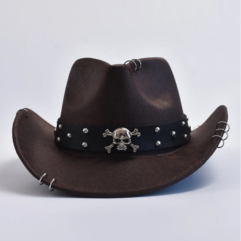 Chapeau Cowboy Tête de Mort 'Sombre Chevauchée' - couleur marront