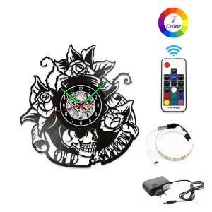Horloge Murale Crâne LED 'Old School Roses' - Tête de Mort & Encre