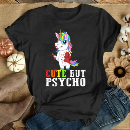 T-shirt Licorne 'Mignonne mais Psycho' couleur noir