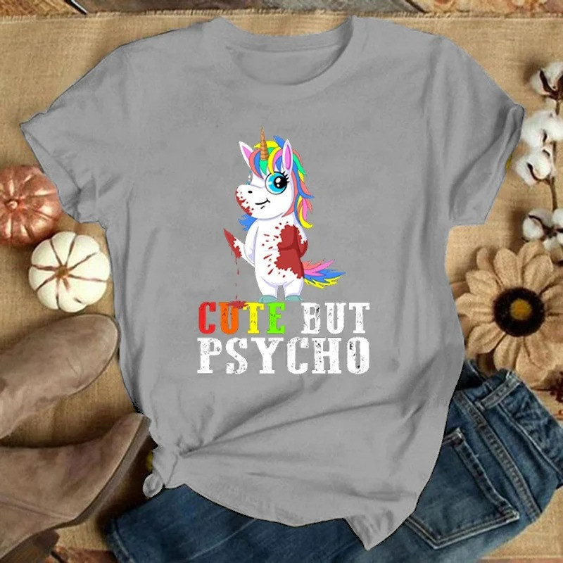 T-shirt Licorne 'Mignonne mais Psycho' couleur gris
