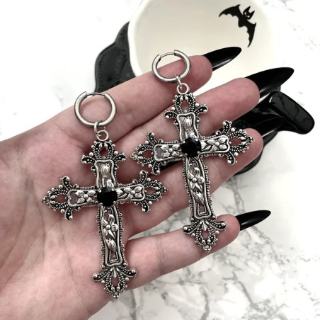 Boucles d'Oreilles Gothiques 'Croix Mystique' - couleur noir