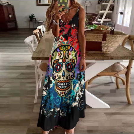 Magnifique Robe Tête de Mort Calavera Bohème