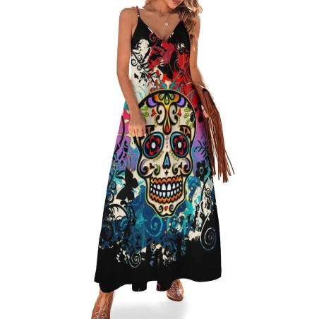 Vue portée de la Magnifique Robe Tête de Mort Calavera Bohème