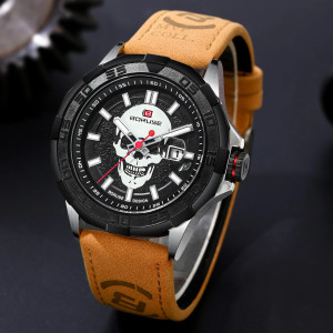 Magnifique Luminescance de la Montre Tête de Mort – Crâne Sombre Luminescent couleur cuir marron clair beige