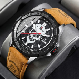 Détails de la Résistance à l'aeu de la Montre Tête de Mort – Crâne Sombre Luminescent couleur cuir marron clair beige