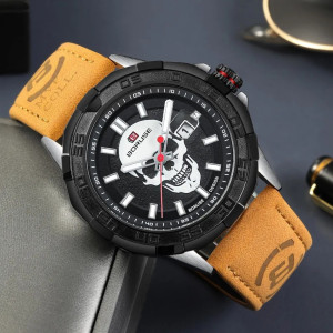 Magnifique Montre Tête de Mort – Crâne Sombre Luminescent couleur cuir marron clair beige