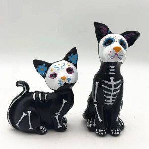 Statuette Tête de Mort – Duo Félin & Canin Esprits du Día de los Muertos