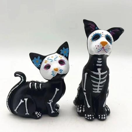 Statuette Tête de Mort – Duo Félin & Canin Esprits du Día de los Muertos