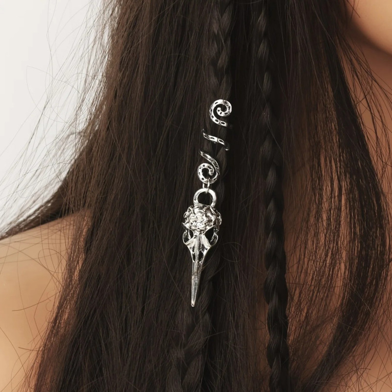 Bijou de Dreadlocks Tête de Mort – Crâne de Corbeau Argenté