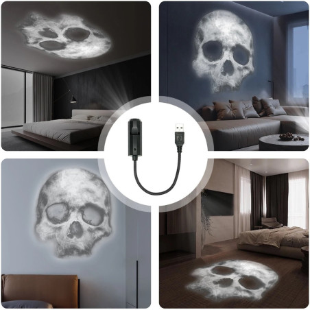 Vue complète de la Lampe de Projection Tête de Mort – Crâne Fantomatique