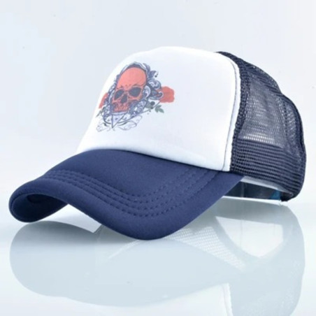 Casquette Tête de Mort Crâne Écarlate & Roses Noires - couleur bleu marine