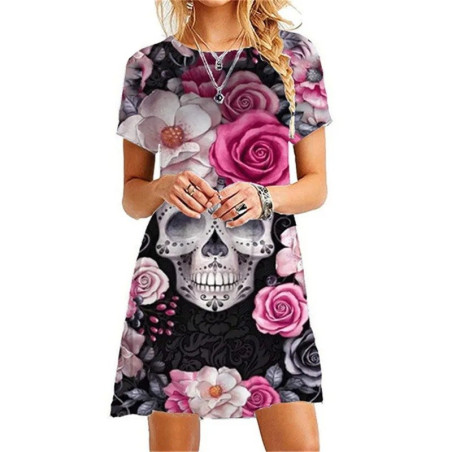 Petite Robe Punk Rock Metal avec Motifs Crâne Rose et Fleurs
