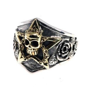 Vue générale Bague Tête de Mort "Étoile Enchaînée" - en Argent  Sterling 925