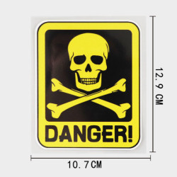 dimensions Autocollant PVC, signe de danger de MORT avec symbole de crâne - 10.7cm × 12.9cm