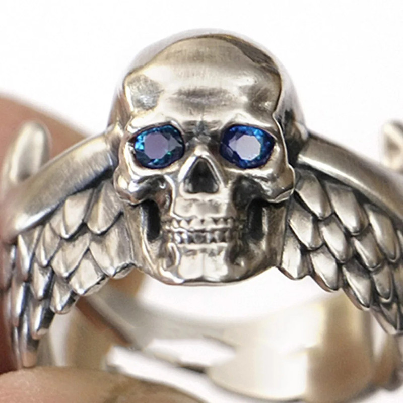 Bague Tête de Mort "Gardien Ailé" -en Argent  Stetrling 925 Couleur Bleu