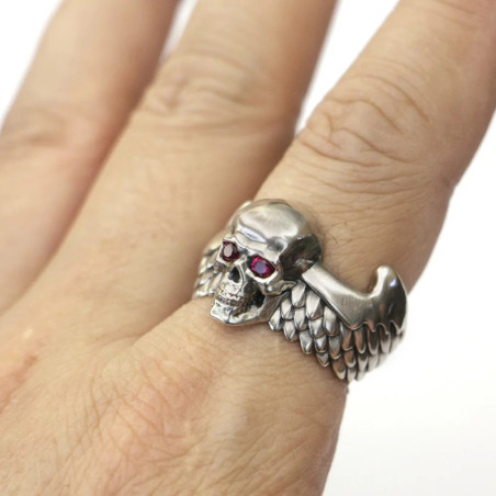 Vue Portée Bague Tête de Mort "Gardien Ailé" - 4 couleurs au Choix - en Argent  Stetrling 925 !