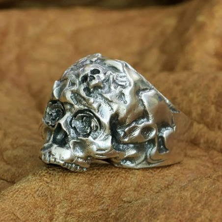 Vue de côté Bague Tête de Mort "Crâne en Décomposition" - en Argent  Stetrling 925 !