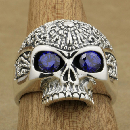 Bague Tête de Mort "Totem Aztèque"  en Argent  Stetrling 925 Couleur violet