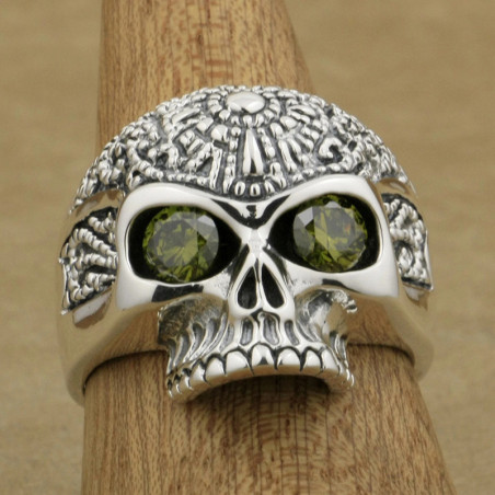 Bague Tête de Mort "Totem Aztèque"  en Argent  Stetrling 925 Couleur vert Olive