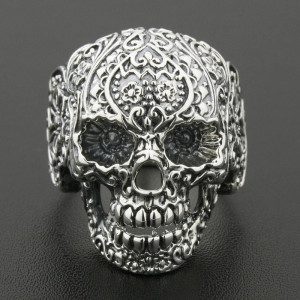 Avant Bague Tête de Mort - Calavera Florale - en Argent  Stetrling 925 !