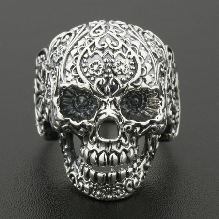 Avant Bague Tête de Mort - Calavera Florale - en Argent  Stetrling 925 !