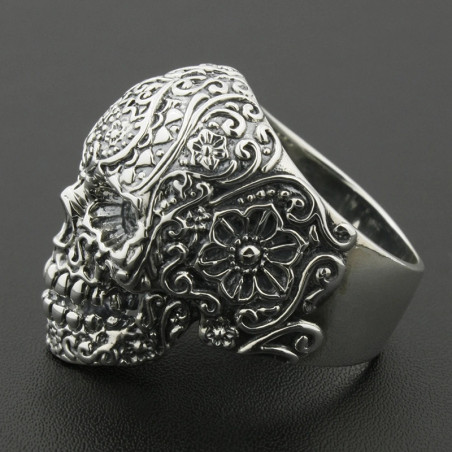 Vue latérale  Bague Tête de Mort - Calavera Florale - en Argent  Stetrling 925 !
