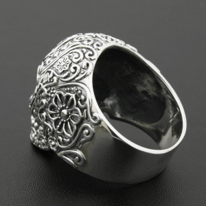 Vue Arrière Bague Tête de Mort - Calavera Florale - en Argent  Stetrling 925 !