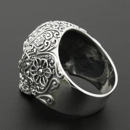 Vue Arrière Bague Tête de Mort - Calavera Florale - en Argent  Stetrling 925 !