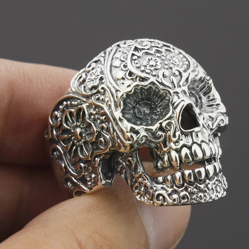 Bague Tête de Mort - Calavera Florale - en Argent  Stetrling 925 !