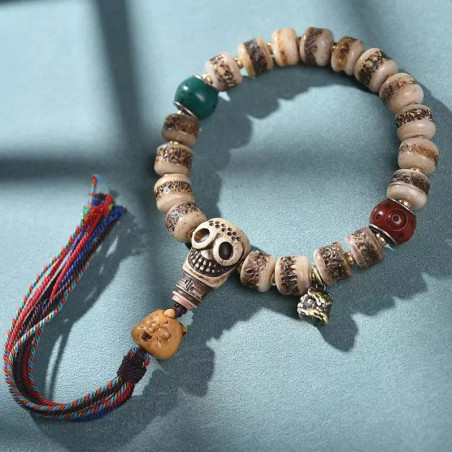 Magnifique Bracelet Tête de Mort Tibétain - Os Ancien Sculpté & Talismans Tribaux