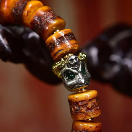 Détails  du Bracelet Tête de Mort Tibétain - Perles en Os de Yak & Cuivre Ancien