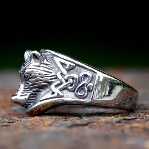 Vue de côté Bague Viking Tête de Loup "Marque du Clan"