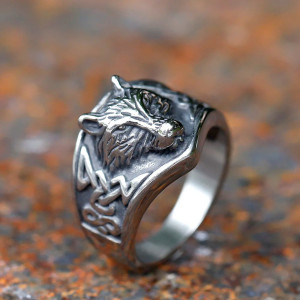 Vue générale Bague Viking Tête de Loup "Marque du Clan"