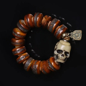 Bracelet Tête de Mort Tibétain Brut - Crâne au Masque Bleu