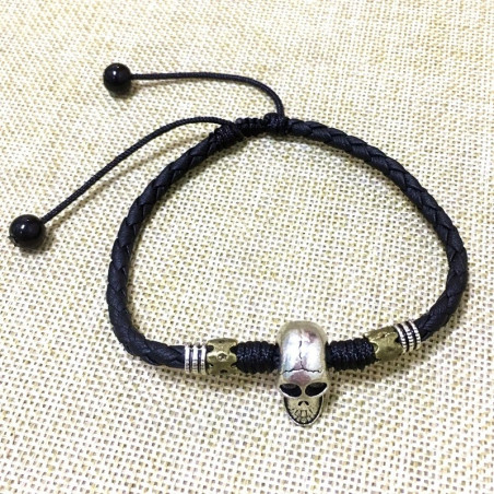 Bracelet Cheville Tête de Mort "Crâne Nomade sur Cordon Tressé" modele 1 Couleur Noir