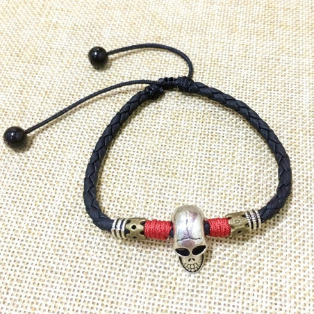 Bracelet Cheville Tête de Mort "Crâne Nomade sur Cordon Tressé" modele 1 Couleur Rouge