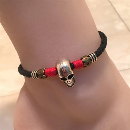Vue Portée Bracelet Cheville Tête de Mort "Crâne Nomade sur Cordon Tressé"  - 4 couleurs au choix !