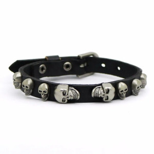 Bracelet Punk Tête de Mort "Crânes d’Acier sur Lanière Noire" Couleur Noir