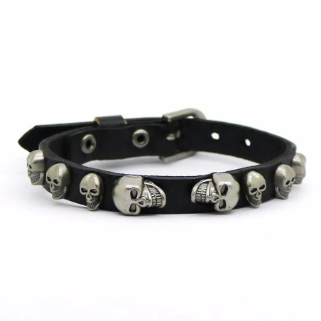 Bracelet Punk Tête de Mort "Crânes d’Acier sur Lanière Noire" Couleur Noir