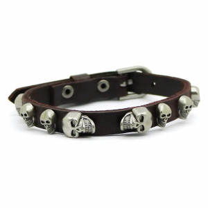 Bracelet Punk Tête de Mort "Crânes d’Acier sur Lanière Noire" Couleur Marron