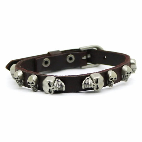 Bracelet Punk Tête de Mort "Crânes d’Acier sur Lanière Noire" Couleur Marron